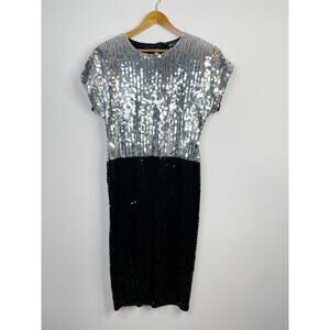 Della Roufogali Black Silver Sequined Stretch Cocktail Disco Retro Party Dress L